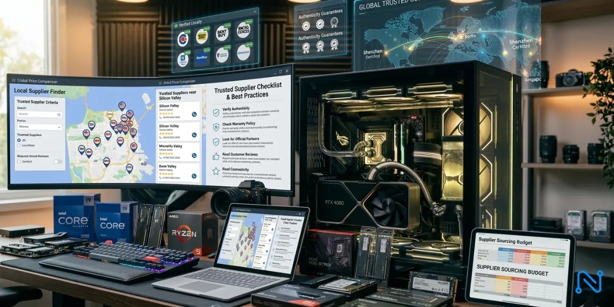 Display of high-quality computer components like GPU, motherboard, RAM, and SSD representing trusted computer components suppliers near me.