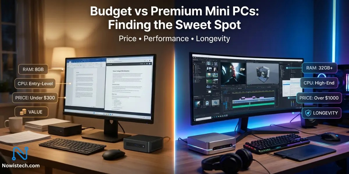 Budget vs Premium Mini PCs split workspace showing affordable setup vs high-end workstation with editing screens, highlighting price, performance and longevity differences.