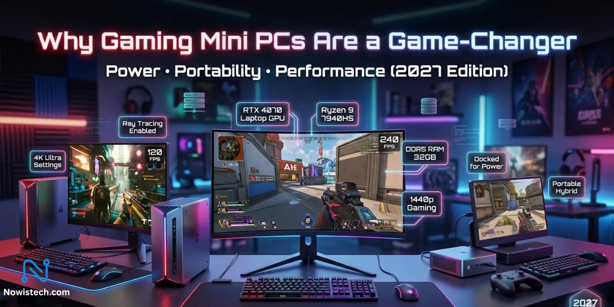 Gaming Mini PCs futuristic setup with RGB-lit compact systems, ultra-wide monitors showing high FPS gameplay, RTX 4070 specs, and neon cyberpunk gaming environment.
