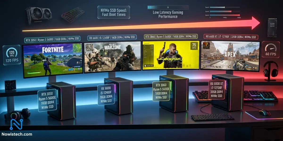 Futuristic gaming setup featuring Gaming Mini PCs with RTX 4070, Ryzen 9 specs, RGB lighting, ultra-wide monitors, and 2027 cyberpunk gaming performance visuals