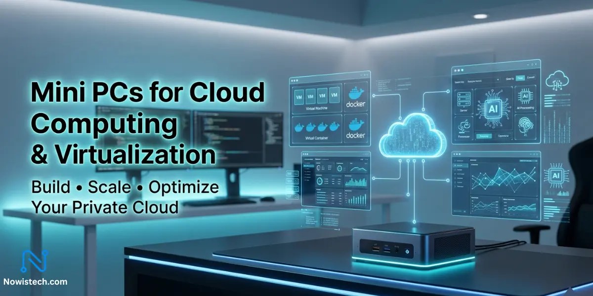 Mini PCs for Cloud Computing setup showing a compact server hub with virtual machines, Docker containers, and cloud dashboards in a futuristic workspace.