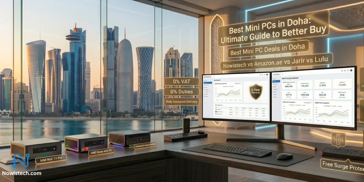 Best Mini PCs in Doha displayed in a luxury Qatar tech showroom with Doha skyline, premium compact PCs, modern workstation setup, and futuristic buying guide visuals.