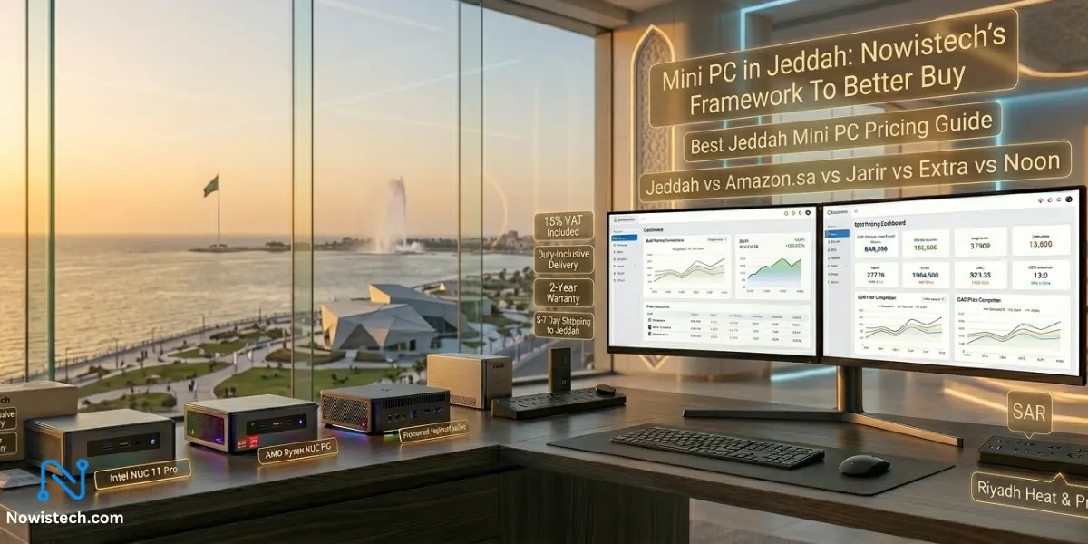 Best Mini PC in Jeddah showcased in a futuristic luxury tech showroom with compact workstation setup, Red Sea skyline view, duty-inclusive delivery graphics, and premium Nowistech buying framework for Saudi Arabia buyers.