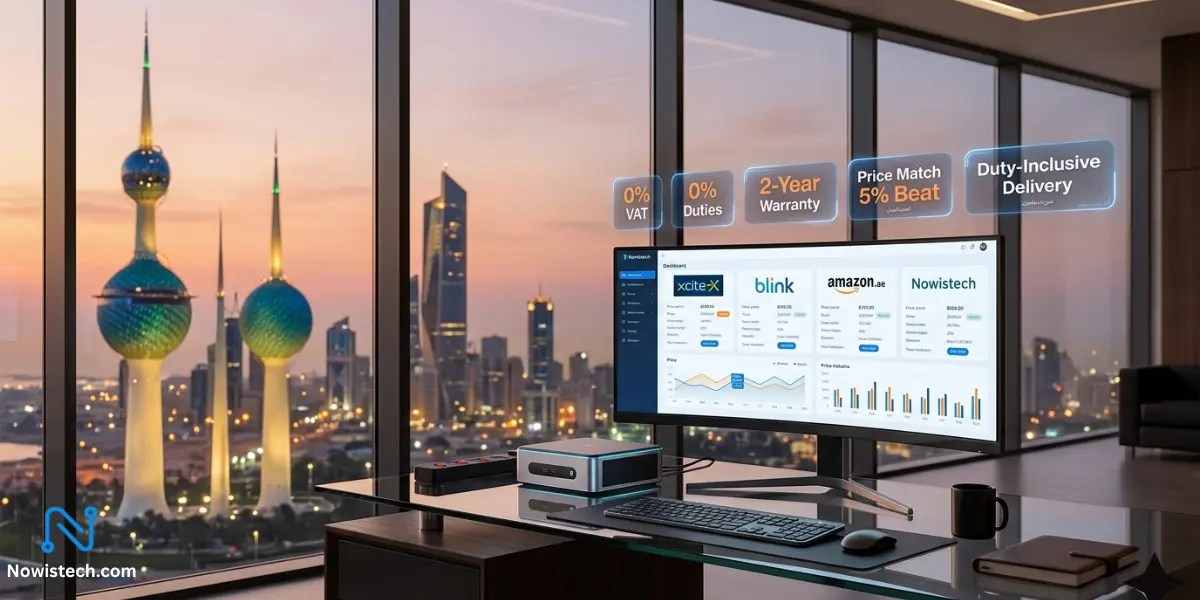 Luxury mini PC workstation overlooking Kuwait City skyline with Kuwait Towers, showcasing smart tech shopping and duty-inclusive deals for buyers looking to Buy Mini PC in Kuwait.