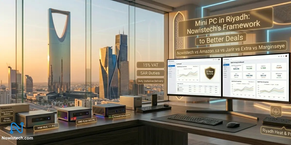 Luxury mini PC workstation setup in Riyadh with futuristic skyline, holographic price comparison dashboard, and Nowistech duty-inclusive delivery concept for buyers searching the best Mini PC in Riyadh.