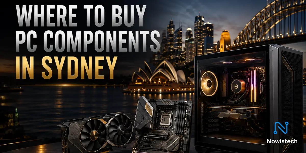 PC components in Sydney featuring a premium gaming PC, graphics card, motherboard and RAM against the Sydney Harbour skyline, created for the Nowistech buying guide.