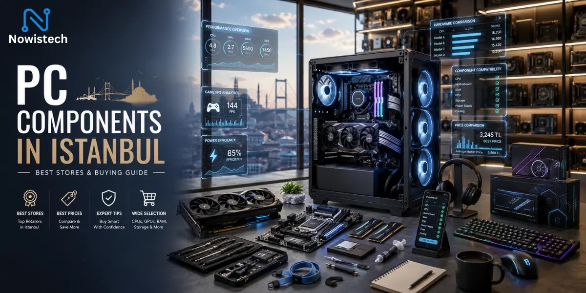 PC Components in Istanbul displayed in a premium technology showroom featuring a custom-built desktop PC, high-performance computer hardware, generic PC components, holographic performance dashboards, and a modern Istanbul skyline in the background.