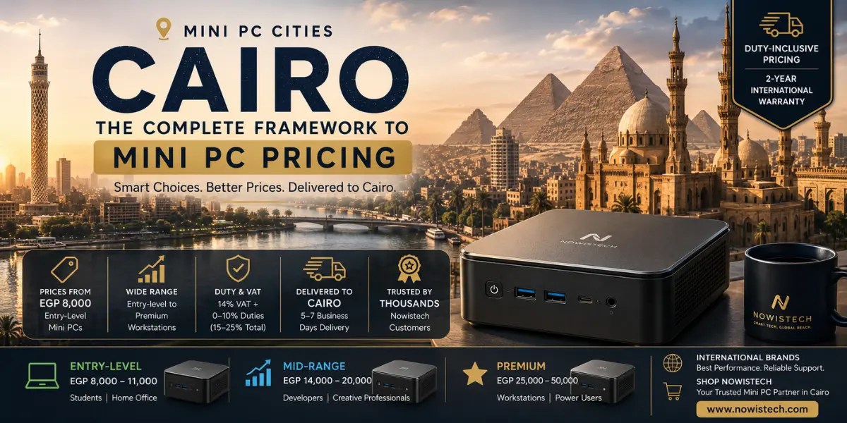 Mini PC in Cairo displayed on a modern workspace overlooking the Cairo skyline, the Nile River, and the Pyramids of Giza, showcasing Mini PC pricing, import costs, and buying options for students, professionals, and businesses in Egypt.