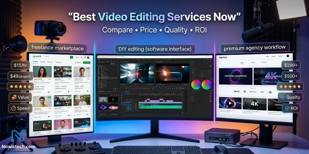 Best Video Editing Services now workspace showing editing software, freelance marketplace, and agency workflow with pricing tags, ratings, and AI tools in a modern setup.