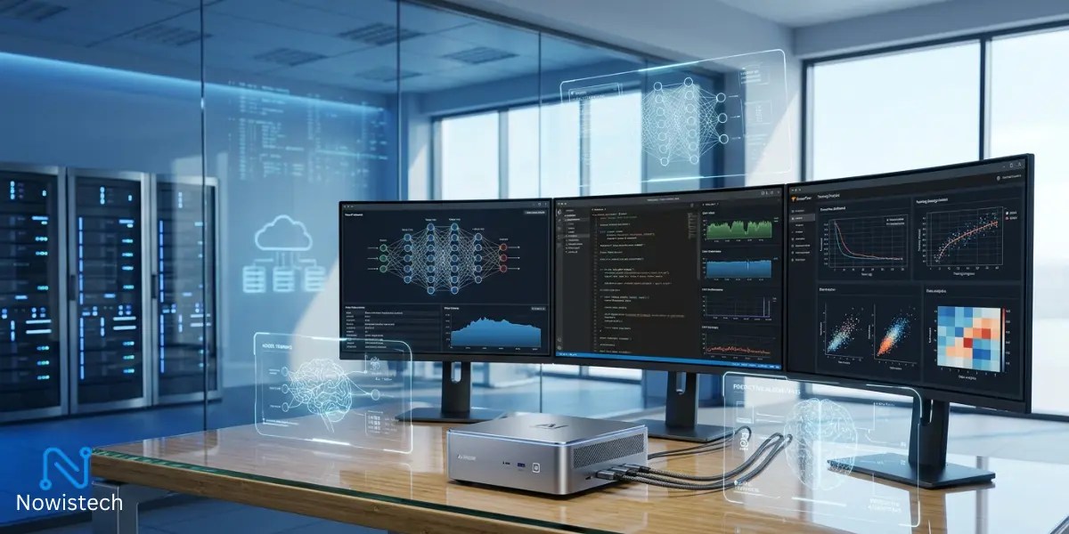 AI-powered Mini PC workstation displaying machine learning models, neural networks, and data science dashboards.