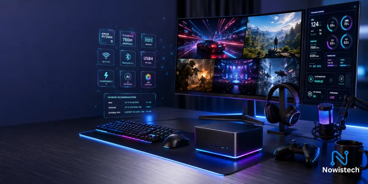 The Best Gaming Mini PC to Buy showcased in a premium RGB gaming workstation with a compact Mini PC, dual monitors, mechanical keyboard, gaming accessories, and futuristic performance dashboards highlighting AI optimization, 1080p and 1440p gaming, and next-generation computing.