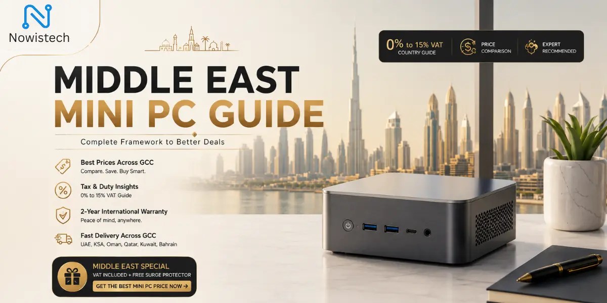 Mini PC Middle East Deals guide featuring a premium compact computer setup, GCC pricing insights, VAT comparison, warranty benefits, and Dubai skyline background for smart buyers.