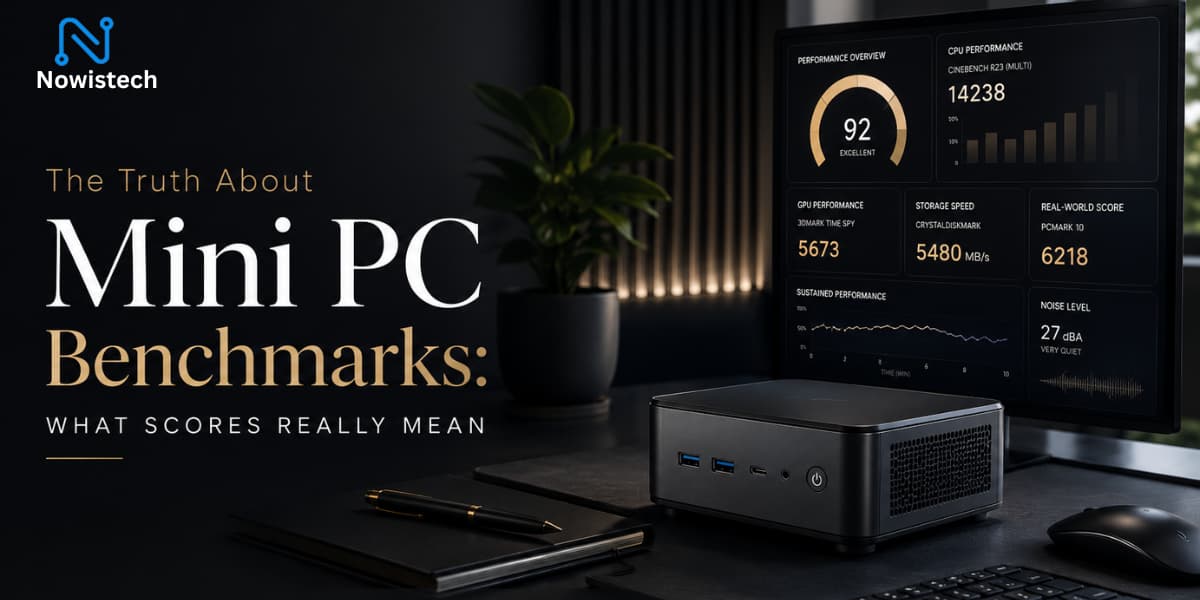 Mini PC Benchmarks displayed in a premium minimalist workstation featuring a compact mini PC, elegant benchmark dashboard, and clean editorial design highlighting CPU, GPU, SSD, and real-world performance metrics.