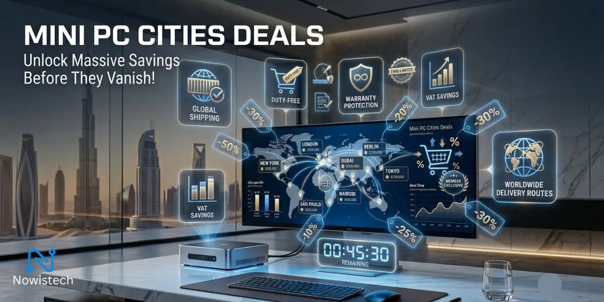 Mini PC Cities Deals: Unlock Massive Savings Before They Vanish featuring a futuristic global Mini PC marketplace with city pricing comparisons, worldwide savings, and Nowistech branding space.