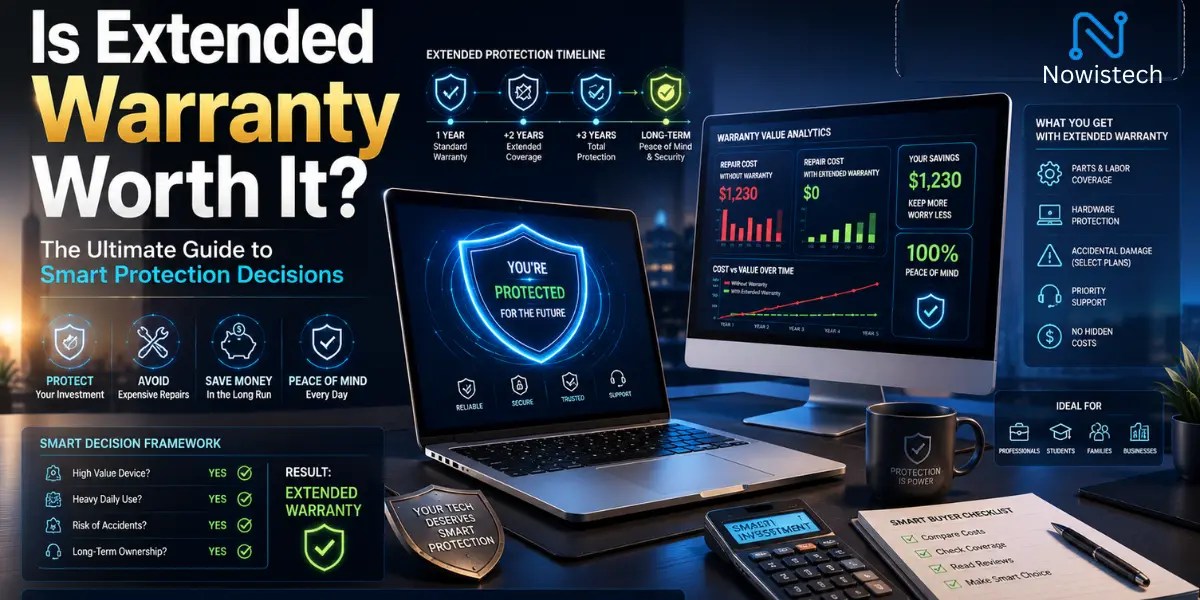 Is Extended Warranty Worth It guide showing smart technology protection decisions with laptop, Mini PC, repair savings, and warranty coverage analysis.
