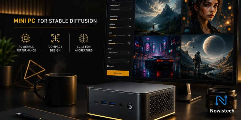 Mini PC for Stable Diffusion setup with AI-generated images displayed on a monitor in a dark modern workspace.