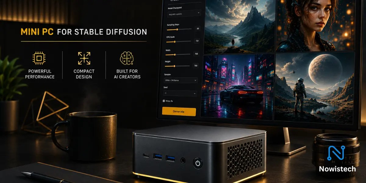 Mini PC for Stable Diffusion setup with AI-generated images displayed on a monitor in a dark modern workspace.