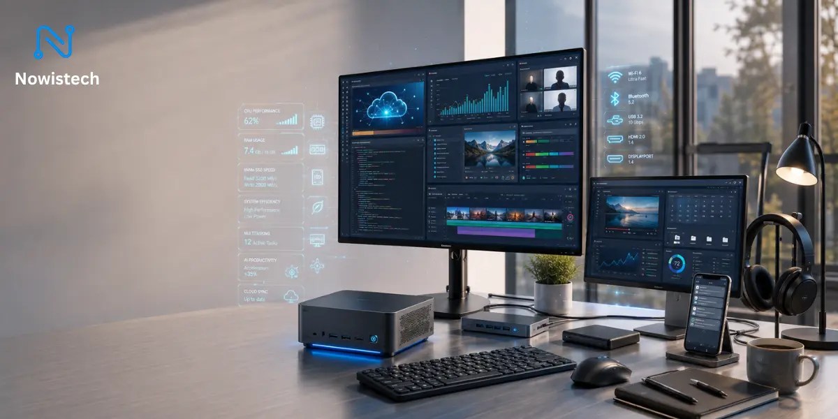 Mini PC Under $400 on a modern dual-monitor workstation featuring SSD storage, productivity dashboards, and a clean home office setup designed for everyday performance and value.