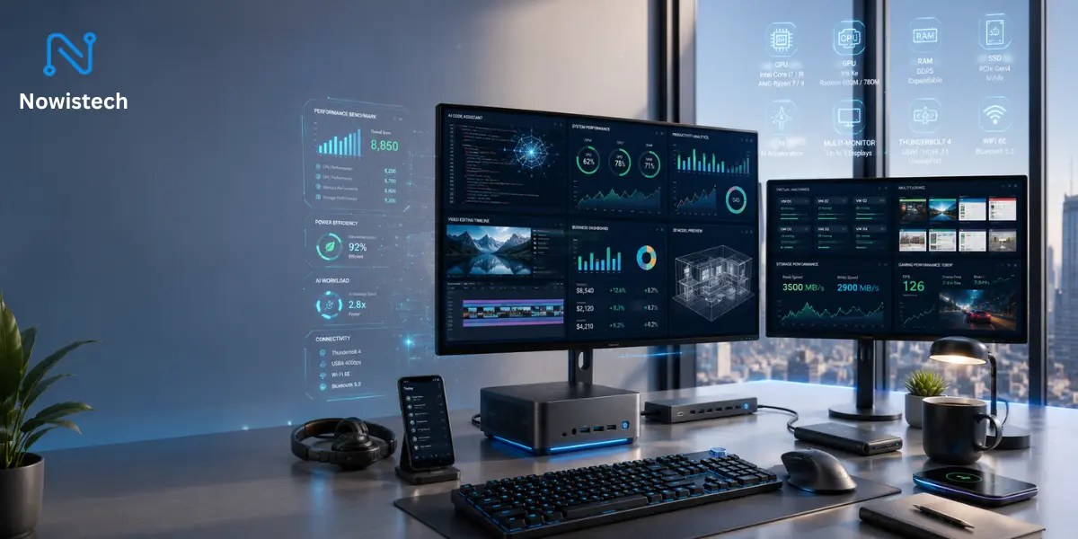 Mini PC Under $700 on a premium dual-monitor workstation with AI productivity dashboards, 4K display, wireless accessories, holographic performance metrics, and a modern minimalist office setup.