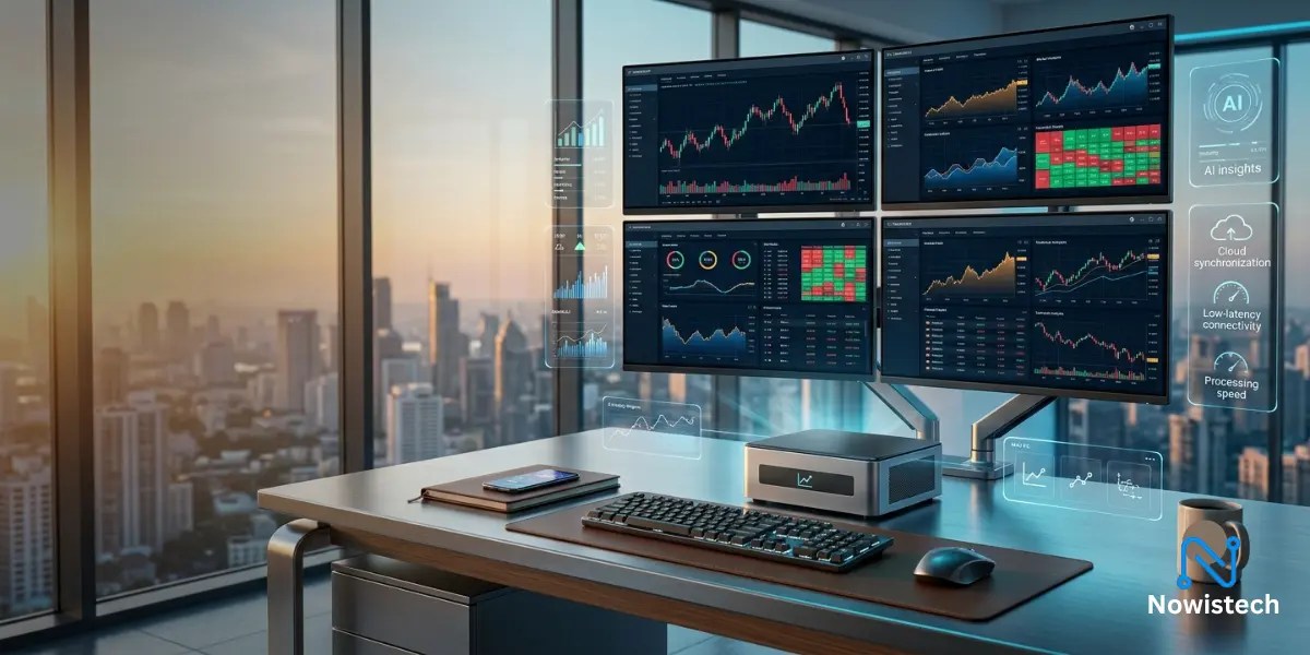 A sleek mini pc for trading setup on a premium desk powering four monitors displaying financial charts in a luxury high-rise office at sunrise.