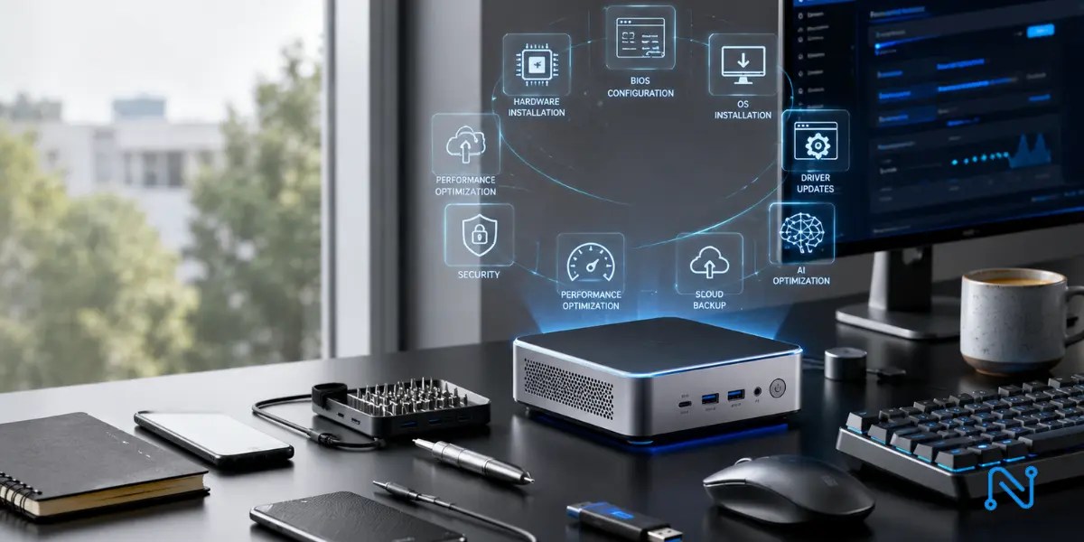 Mini PC Setup Guide showing a modern Mini PC on a premium minimalist workstation with BIOS setup, optimization tools, and professional accessories for seamless installation.