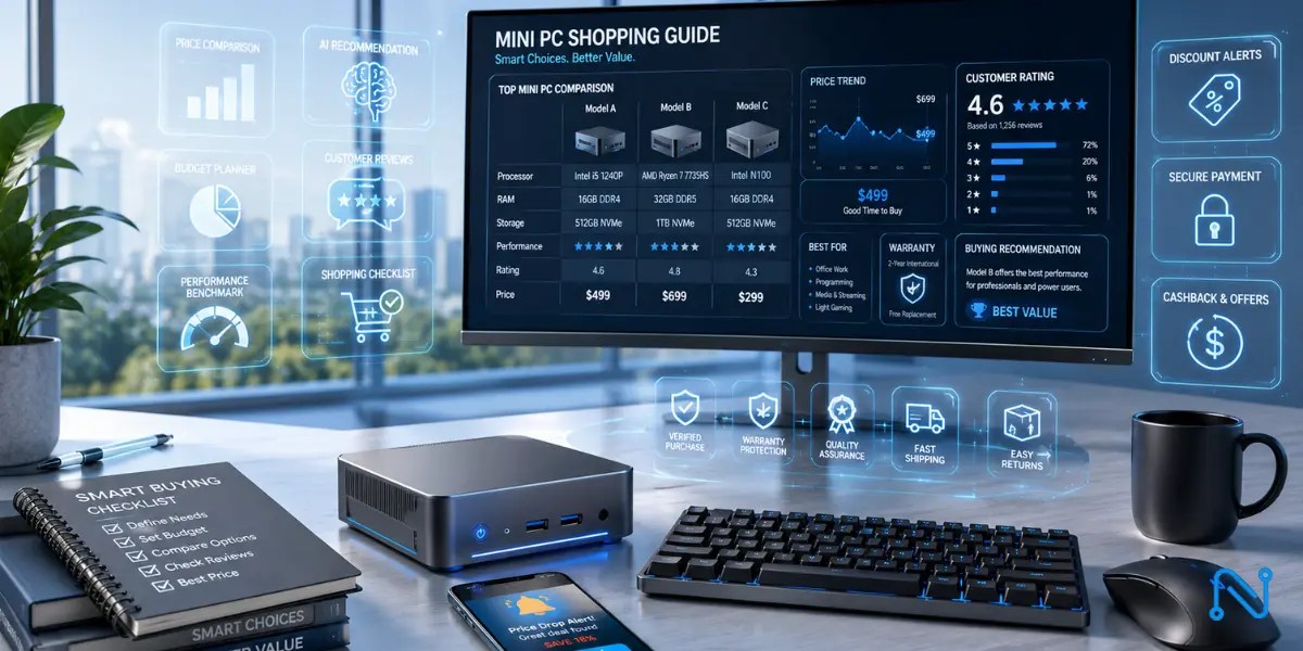Mini PC Shopping Guide featuring a premium compact desktop computer with product comparison dashboards, pricing analysis, shopping checklists, and AI-powered buying tools in a modern minimalist workspace for smarter purchasing decisions.