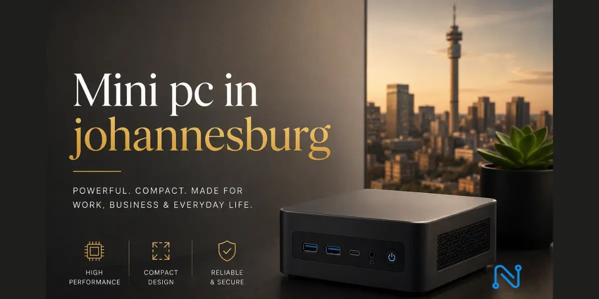 Mini PC in Johannesburg featuring a premium compact computer with the Johannesburg skyline in the background.