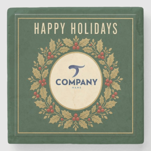 Happy Holidays sandstone coaster with a green holly wreath around a company logo