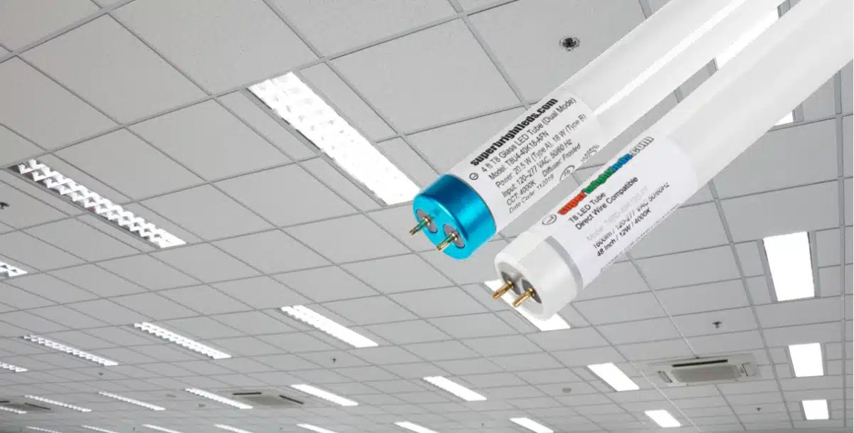 LED tube light replacing fluorescent tube in office ceiling.