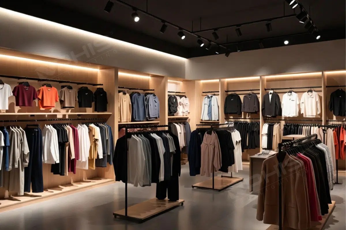 Clothing store interior with LED track lighting and strip lights illuminating apparel displays, enhancing product visibility and store atmosphere