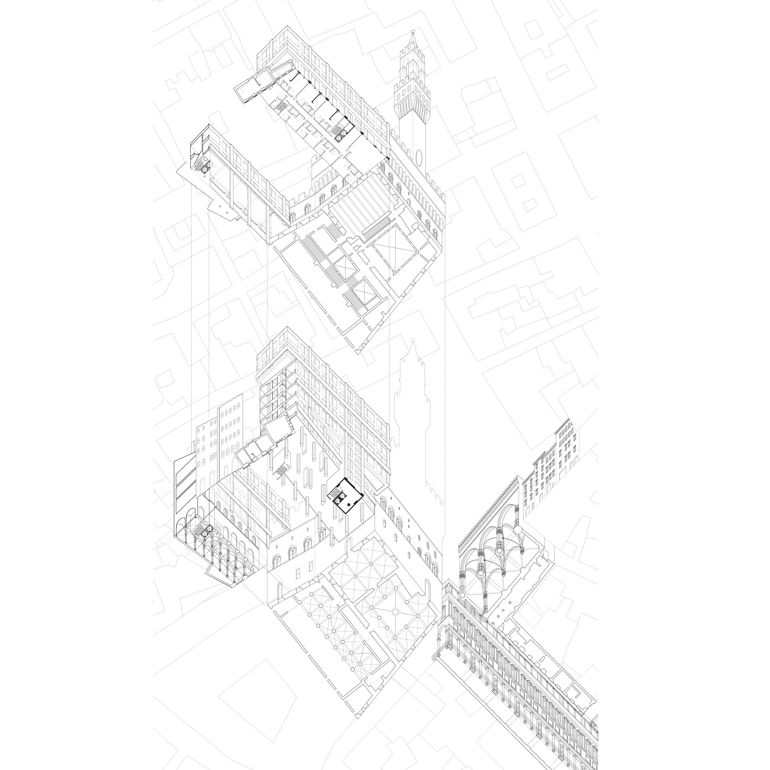 Wormseye (upview) axonometric of the Piazza