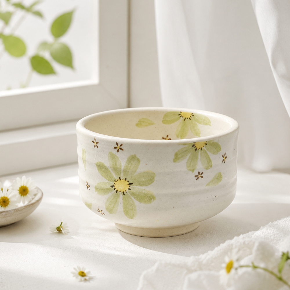 煎茶 時代 白磁 纏花紋 碗 十六客(K-P227) 綠花抹茶碗/ 日本美濃燒- 南山居