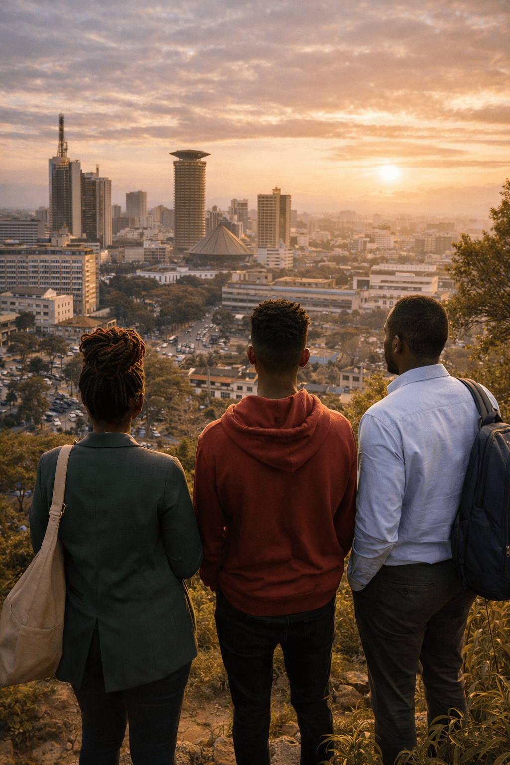 Two Millennials and a recent Kenyan Gen-Z graduate in a graduation gown stands on a hill overlooking Nairobi CBD at sunset, holding job application papers with a thoughtful yet hopeful expression, symbolizing the struggle and determination of searching for job opportunities in the city.