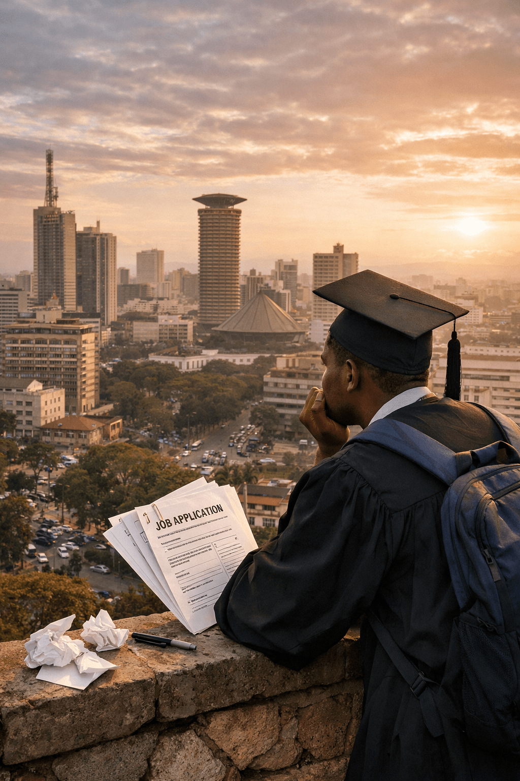 A young Kenyan graduate in a graduation gown stands on a hill overlooking Nairobi CBD at sunset, holding job application papers with a thoughtful yet hopeful expression, symbolizing the struggle and determination of searching for job opportunities in the city.