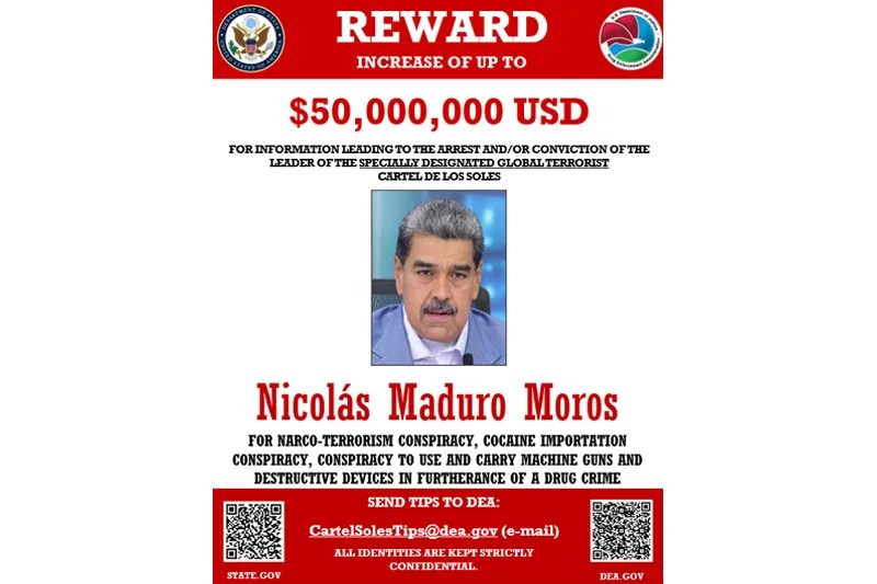 EE.UU. eleva a 50 millones de dólares la recompensa por información sobre Nicolás Maduro