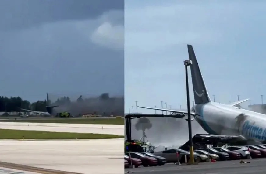 Un avión de carga de Amazon se sale de la pista y se incendia tras aterrizar en el Aeropuerto de Miami