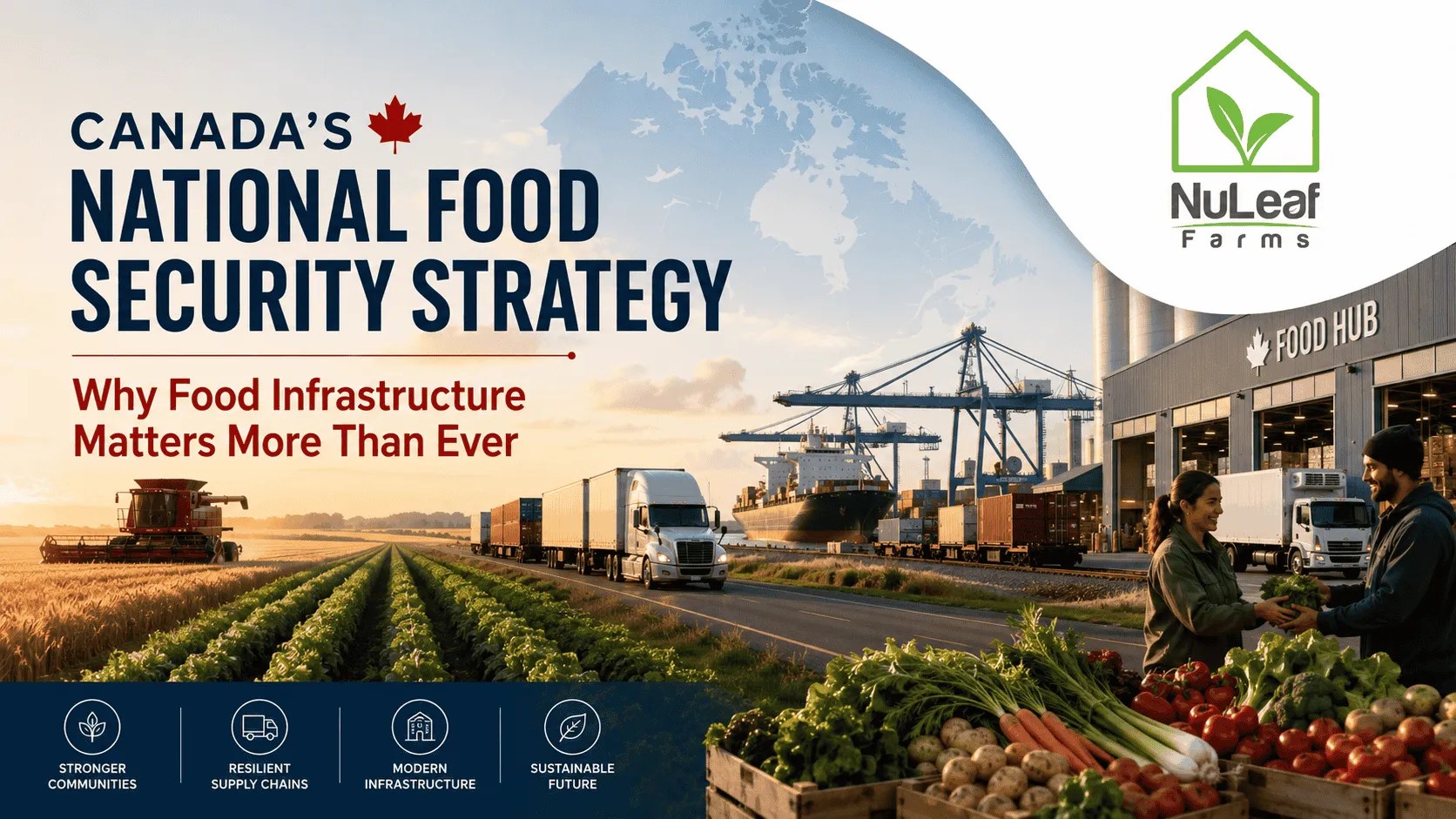 Canadian food infrastructure including commercial greenhouses, crop production, transportation networks, distribution centers, and supply chain logistics supporting national food security and agricultural resilience.