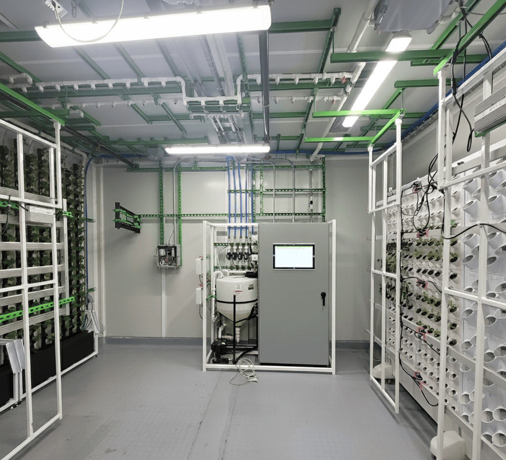 Indoor vertical farm growing hydroponic lettuce under LED lights with automated irrigation and climate control