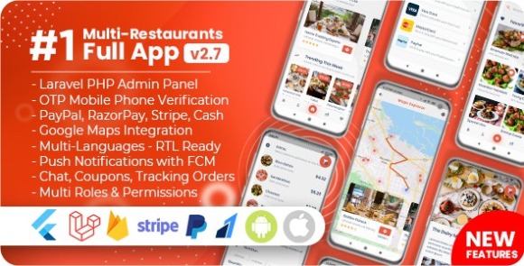 Food Delivery Flutter + PHP Laravel Admin Panel v2.7 App Source