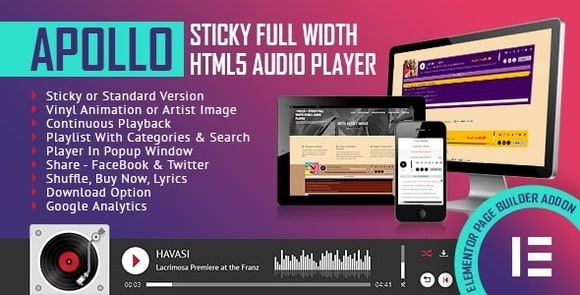Download #Apollo v1.0 – Sticky Full Width HTML5 Audio Player – Elementor Widget Addon Free