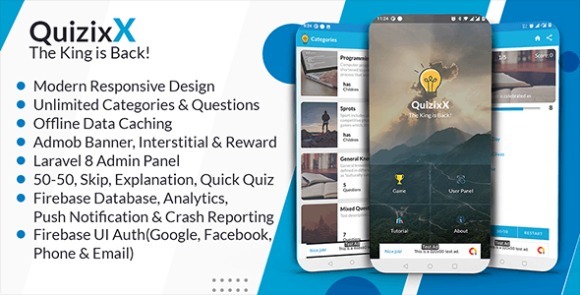 Quizix vX – Android Quiz App with AdMob, FCM Push Notification, Offline Data Caching App Source