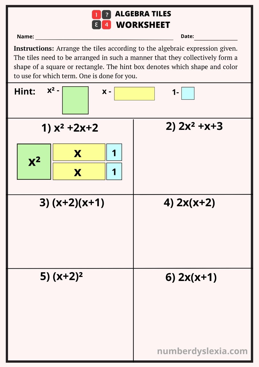 free printable algebra tiles worksheets pdf number dyslexia