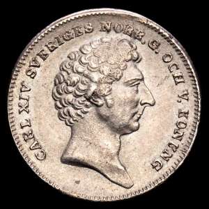 Suecia - Carlos XIV Juan 1818-1844. 1/8 Riksdaler Especie 1834 . Escudo de armas y cadena de órdenes en círculo. AAH 87. (4,19 gramos). XF.