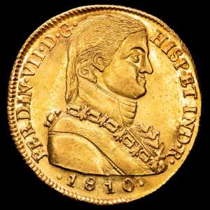 Fernando VII (1808-1833). 8 escudos. 1810. Santiago. FJ. (Cal-1863). Au. 27,02 gramos. Busto almirante. Precioso color. Lindo. Gran parte de brillo original. Buen ejemplar. Rara. EBC+.