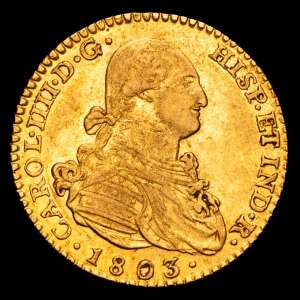Carlos IV (1788-1808). 2 escudos. 1803. Madrid. FA. (Cal-1308). Au. 6,77 gramos. Rayas de ajuste en reverso. MBC+.