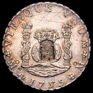 Fernando VI. 8 reales. 1759. México. MM. (Cal-495). Ag. 26,88 gramos. Columnario. Resello escudo de Portugal, realizado en 1834 (De Mey 1040), para circular como 870 reis. MBC+. Muy rara.
