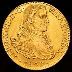FERNANDO VII. 8 escudos. 1809. México. HJ. 27,01 g. 36,6 mm. (Cal-1782). (Cal onza-1253). Au. Busto imaginario.  Punto entre ET · IND. Restos de brillo original. MBC+.