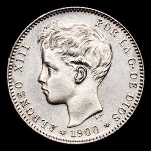 Alfonso XIII. 1 Peseta. (4,95 g.). Madrid. 1900 *19-00*. Ensayador SM.V. Aureo y Calicó - 59. EBC+. Restos de brillo original.