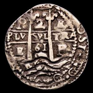 FELIPE IV. BOLIVIA. Potosí, 2 Reales “pseudo galano”, 1661 E. KM-16; Calicó-929. VF. 5.39 gramos. Extremadamente rara.
