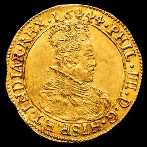 Países Bajos 1644. Felipe IV. Amberes. Doble soberano. (Delm. 169) (W 997)(Vti. 1534). 11,08 gramos. Muy bella. Brillo original. Rara y más así. EBC+.